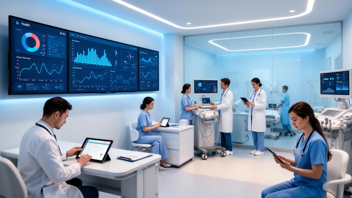 Profissionais da saúde utilizando tecnologia